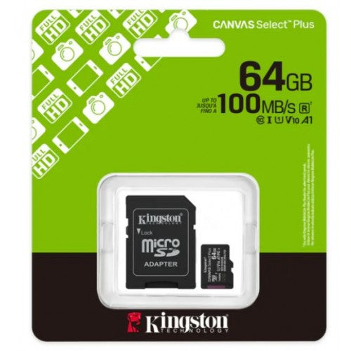 Kingston Canvas Select Plus 64GB microSDXC Card with Adapter SDCS3/64GB, Class 10 UHS-I, 100MB/s Read