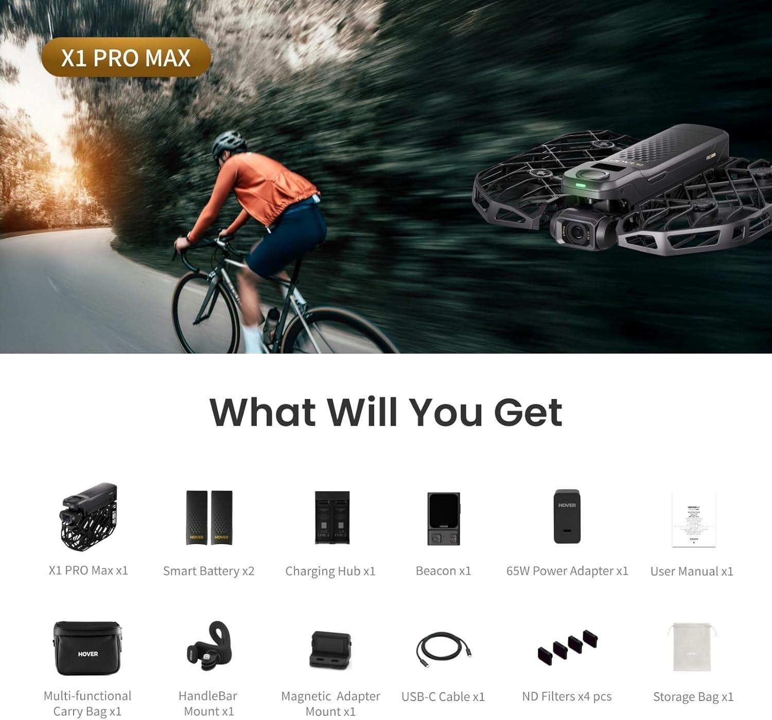 HOVERAir X1 PROMAX 8K Foldable Action Flying Camera Drone - Cycling Combo, NEW 6