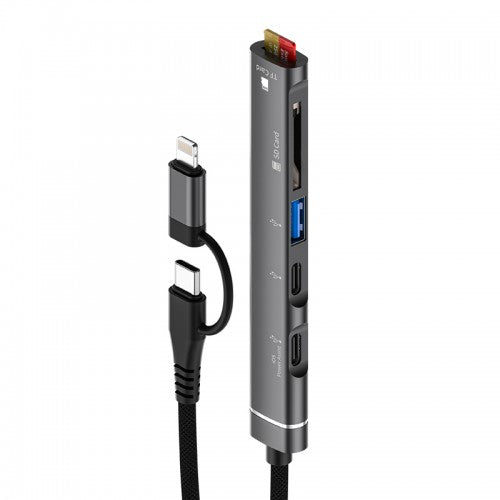 (5in1, dual tip), Type C + 8Pin 019E 5 In 1 Hub With Card Reader, USB and 2 X Type C Port