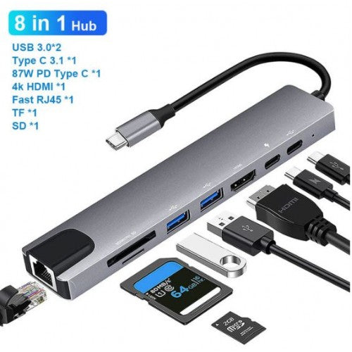 (8in1) USB 3.1 Type-C/USB-C, 8 In 1 Hub With HDMI, Lan, Card Reader, USB and Type C Port