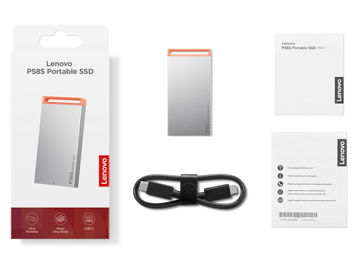 Lenovo PS6S Portable SSD box contents: drive, USB-C cable, leaflets