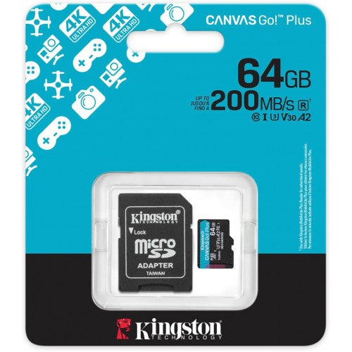 Kingston Canvas Go! Plus 64GB microSDXC Card with Adapter, 200MB/s, UHS-I U3 V30