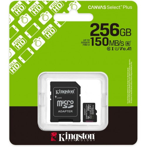 Kingston Canvas Select Plus 256GB microSDXC Card with Adapter SDCS3/256GB, Class 10 UHS-I, 150MB/s Read