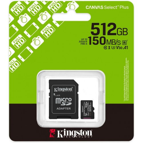 Kingston Canvas Select Plus 512GB microSDXC Card with Adapter SDCS3/512GB, Class 10 UHS-I, 150MB/s Read