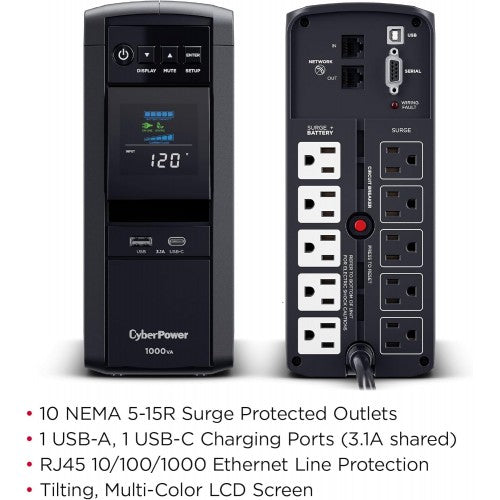 CyberPower CP1000PFCLCD 1000VA/600W Pure Sine Wave Mini-Tower UPS, 10 Outlets - New