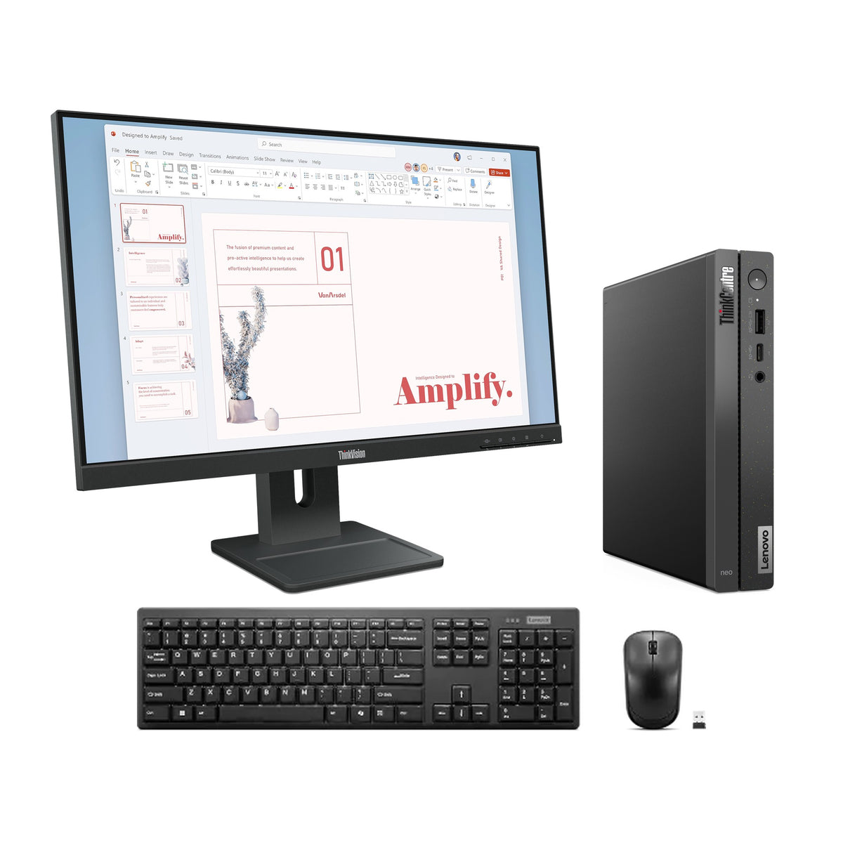 Lenovo Neo 50q Tiny, ThinkVision E24-40 monitor and wireless keyboard and mouse bundle